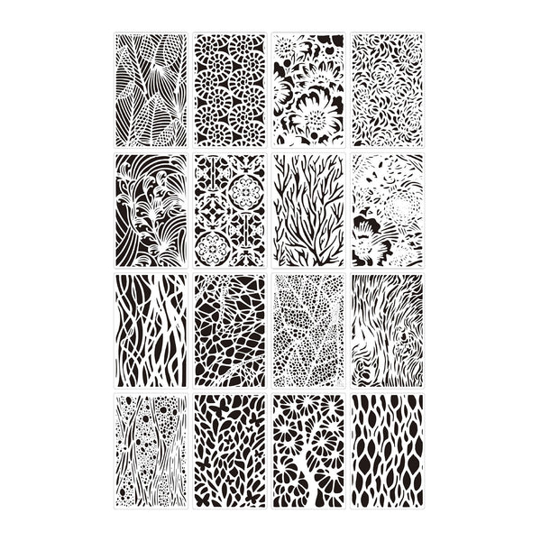 A sheet of 15 rectangular black-and-white patterned samples arranged in a grid on a white background, showing various abstract and organic motifs such as leaves, flowers, coral, zebra-like stripes, and cellular patterns.
