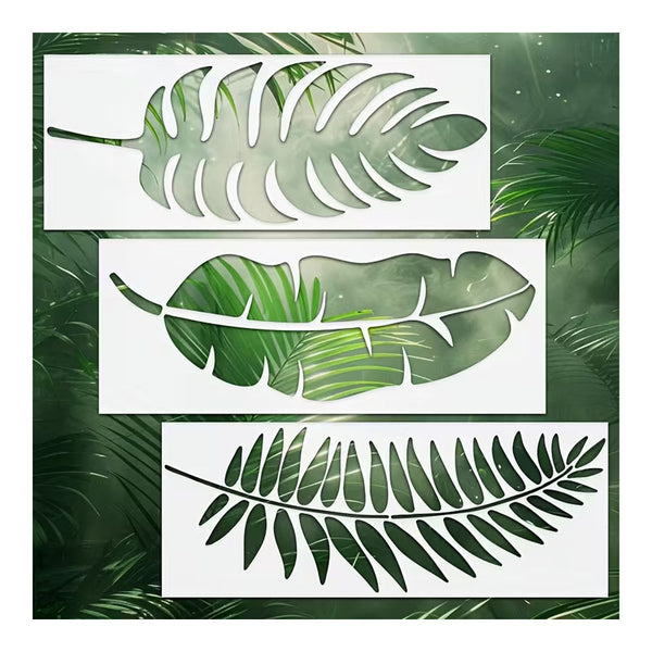 Three white rectangular panels featuring tropical leaf cutout designs, arranged vertically over a dark green palm leaf background.