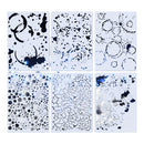 Six rectangular art panels arranged in a 2x3 grid, each featuring abstract black, blue, gray, and white splatter, circle, and crackle patterns on a pale background.