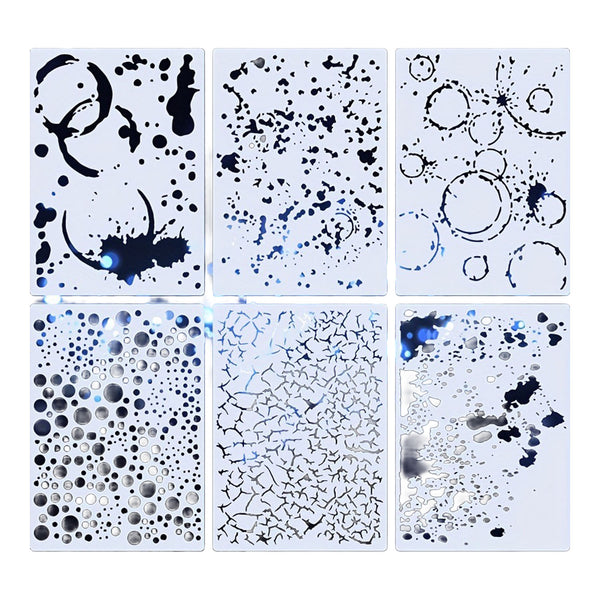 Six rectangular art panels arranged in a 2x3 grid, each featuring abstract black, blue, gray, and white splatter, circle, and crackle patterns on a pale background.
