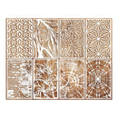 Six rectangular wooden panels with intricate laser-cut patterns, arranged in a 2x3 grid on a white background. The designs include floral, spiral, web, and brick-like motifs in warm natural wood tones with white cutouts.
