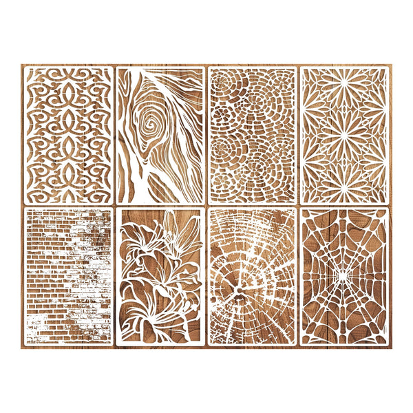 Six rectangular wooden panels with intricate laser-cut patterns, arranged in a 2x3 grid on a white background. The designs include floral, spiral, web, and brick-like motifs in warm natural wood tones with white cutouts.