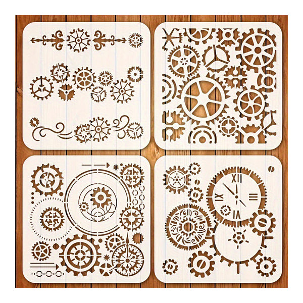 Four square laser-cut wooden stencil templates featuring steampunk designs of gears, cogs, and clock faces, arranged in a 2x2 grid on a brown wood background.