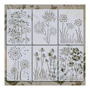 Six rectangular metal stencil templates featuring different floral and botanical cutout designs, arranged in a 2x3 grid on a neutral background.