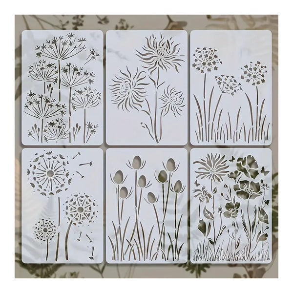Six rectangular metal stencil templates featuring different floral and botanical cutout designs, arranged in a 2x3 grid on a neutral background.