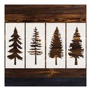 Square wooden wall art featuring four stylized pine tree silhouettes in dark stained wood on a white background, framed by dark wood top and bottom panels.