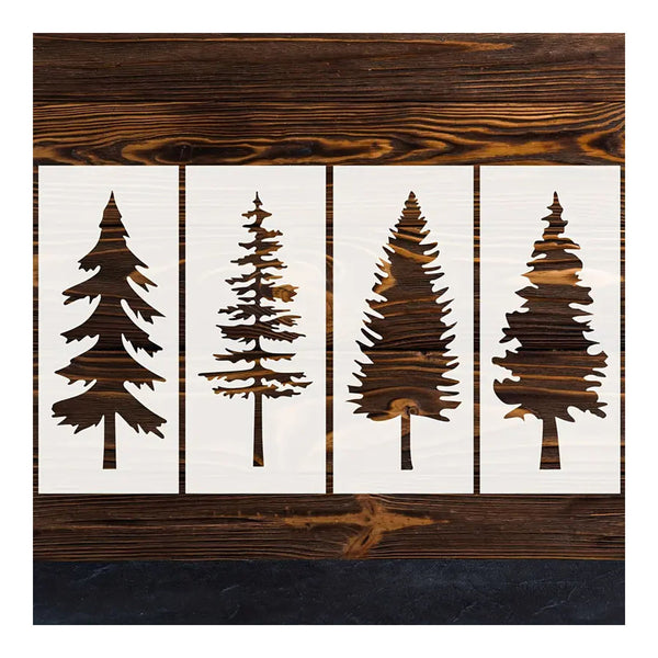Square wooden wall art featuring four stylized pine tree silhouettes in dark stained wood on a white background, framed by dark wood top and bottom panels.