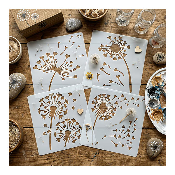 Four square white stencils with dandelion cutouts arranged on a rustic wooden table, surrounded by small decorative props including stones, dried flowers, jars, and a paint palette.