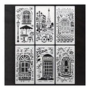 Six rectangular stencil templates arranged in a 2x3 grid on a black background. Each stencil features a different Parisian-themed design, including a cafe table and chair, Eiffel Tower and street scene, ornate doors, arched windows, a telephone booth, and a decorative archway, all in black cutout lines on white stencil sheets.