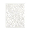 A square white sheet featuring an intricate, repeating lace-like pattern of fine gray outlines, shown against a plain white background.