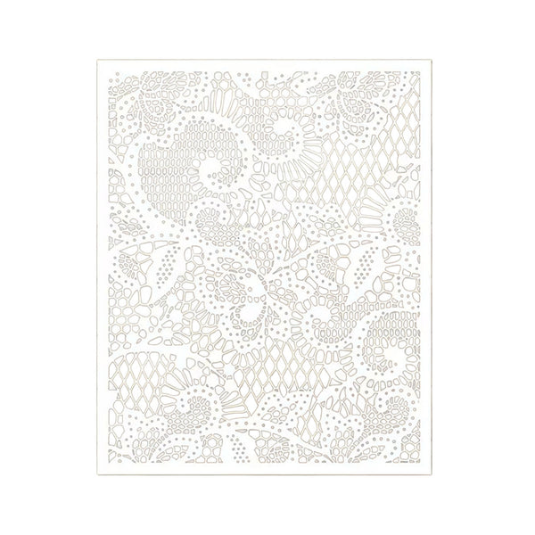 A square white sheet featuring an intricate, repeating lace-like pattern of fine gray outlines, shown against a plain white background.