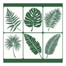 A square graphic design featuring six different green tropical leaves arranged in a 2x3 grid on an off-white background with a dark green border.