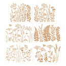 Six square panels showing different botanical and wildflower stencil designs in a warm tan/gold color on a white background.