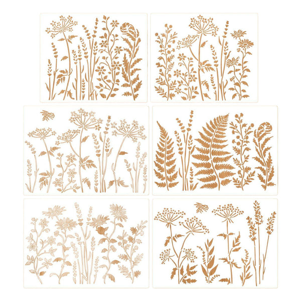 Six square panels showing different botanical and wildflower stencil designs in a warm tan/gold color on a white background.