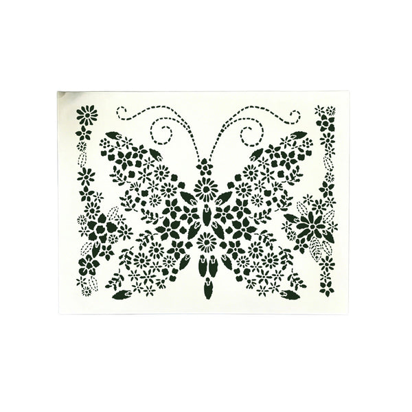 A square decorative stencil or stencil sheet featuring a black butterfly design filled with floral and leaf patterns on a white background.