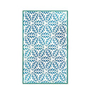 A rectangular area rug with a white background and a repeating blue geometric leaf or snowflake-like pattern, finished with a solid teal border.