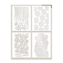 Four square stencil sheets arranged in a 2x2 grid, each with a different geometric and dotted pattern cutout design, shown against a light beige background.