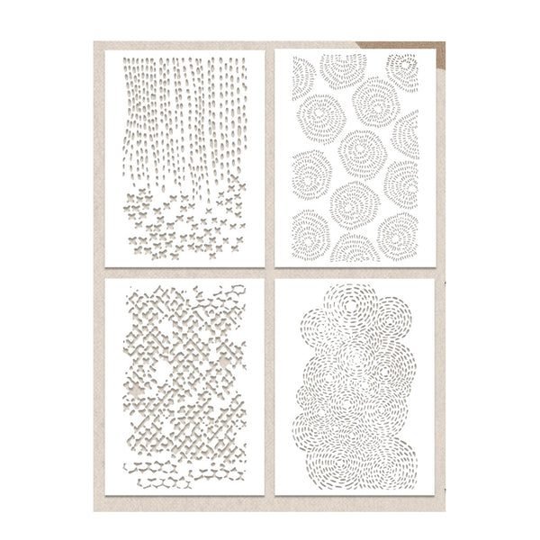 Four square stencil sheets arranged in a 2x2 grid, each with a different geometric and dotted pattern cutout design, shown against a light beige background.