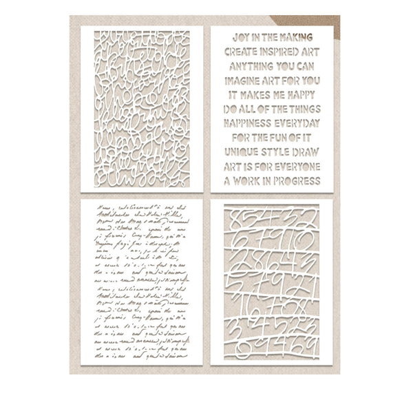 Four square laser-cut art panels arranged in a 2x2 grid on a light beige background. The panels feature intricate cutout patterns and text, including motivational quotes and cursive writing, in warm off-white tones.