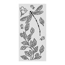 A rectangular stencil or decal sheet featuring black line-art illustrations of a dragonfly, leaves, and small flowers on a light gray background.