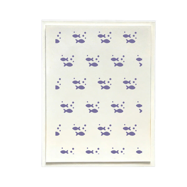 A square cream-colored art print or card featuring a repeating pattern of small purple fish and bubbles, presented on a clean white background.