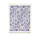 A framed art print featuring an intricate purple damask floral pattern on a white background, enclosed in a thin white frame.