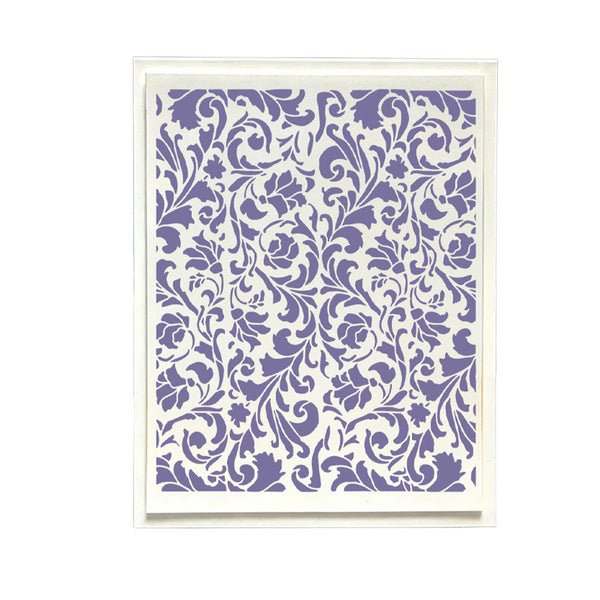 A framed art print featuring an intricate purple damask floral pattern on a white background, enclosed in a thin white frame.