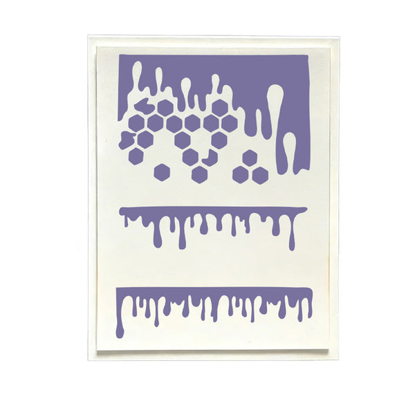 A square art print or stencil card featuring three purple dripping and hexagonal honeycomb designs on an off-white background, presented in a clear acrylic frame against a white background.