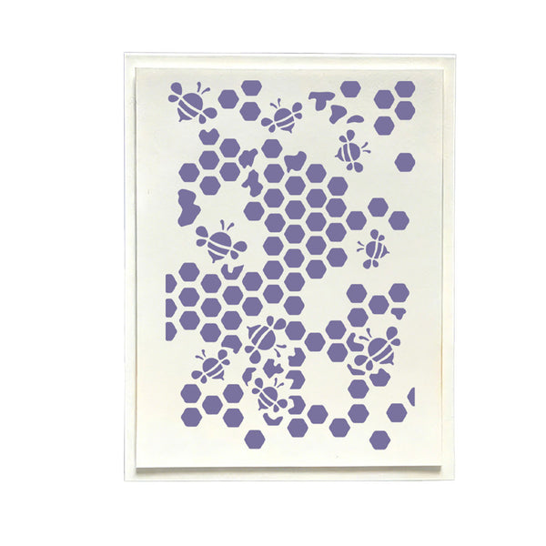 A square art print or card featuring a lavender purple pattern of bees and hexagons on a warm off-white background, presented in a clear protective sleeve against a white backdrop.
