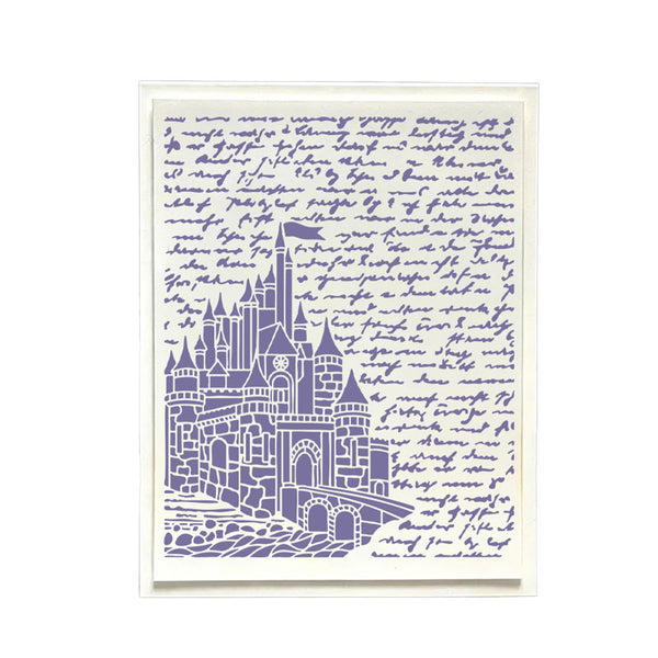 A square art print featuring a lavender purple line art illustration of a castle, surrounded by handwritten cursive text, presented in a clear acrylic frame with a white backing.