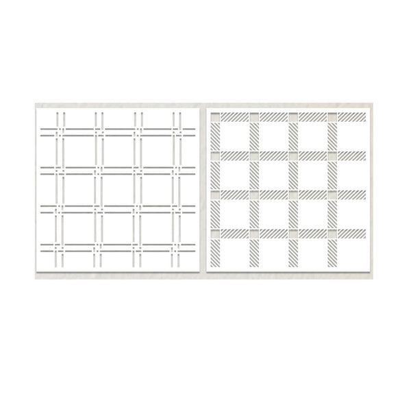Two square sample panels showing a woven or plaid-like pattern in gray on a white background, presented side by side on a light gray backdrop.