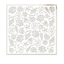 A square white decorative stencil or cutout panel featuring an all-over pattern of seashells, starfish, and floral motifs, shown against a plain white background.