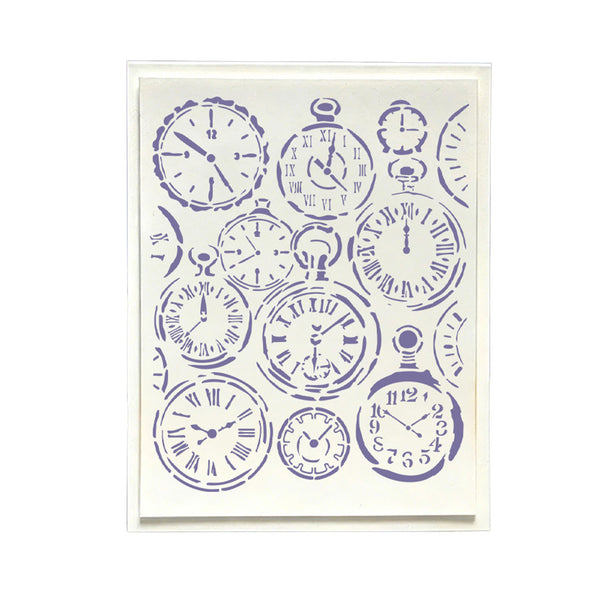 A square art print or card featuring a collage of vintage pocket watch illustrations in dark purple on an off-white background, shown with a thin white border against a light gray backdrop.