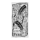 A rectangular black-and-white graphic featuring overlapping torn paper strips with cursive writing and a large leaf motif, centered on a light gray background.