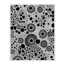 Black and white abstract art print featuring a dense pattern of circles, dots, and sunburst motifs.