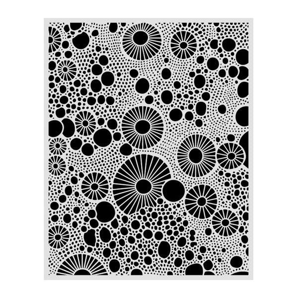 Black and white abstract art print featuring a dense pattern of circles, dots, and sunburst motifs.