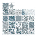 A grid of 20 square sample tiles showing various blue and white decorative patterns, including swirls, florals, dots, stripes, and foliage, arranged on a white background.