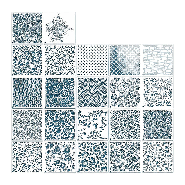 A grid of 20 square sample tiles showing various blue and white decorative patterns, including swirls, florals, dots, stripes, and foliage, arranged on a white background.