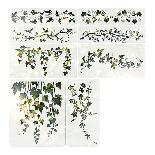 A set of seven rectangular white panels or stickers featuring different botanical vine and grape designs in green, black, and muted yellow tones, arranged on a plain white background.