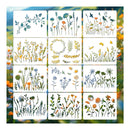 A 3x3 grid of white square panels showing various floral and botanical illustrations, including leaves, flowers, birds, butterflies, and wreaths, set against a blurred outdoor flower field background.