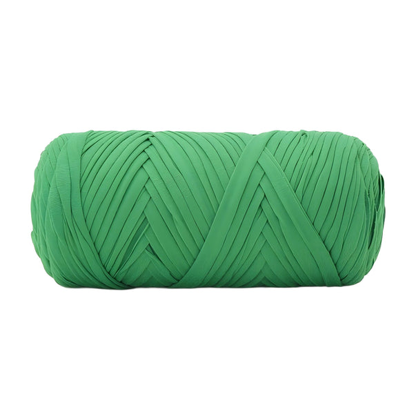 A single roll of bright green elastic cord or ribbon, photographed against a solid white background.