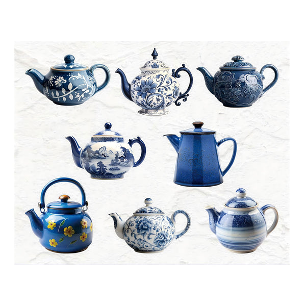 Collection of blue and white ceramic teapots on a light background