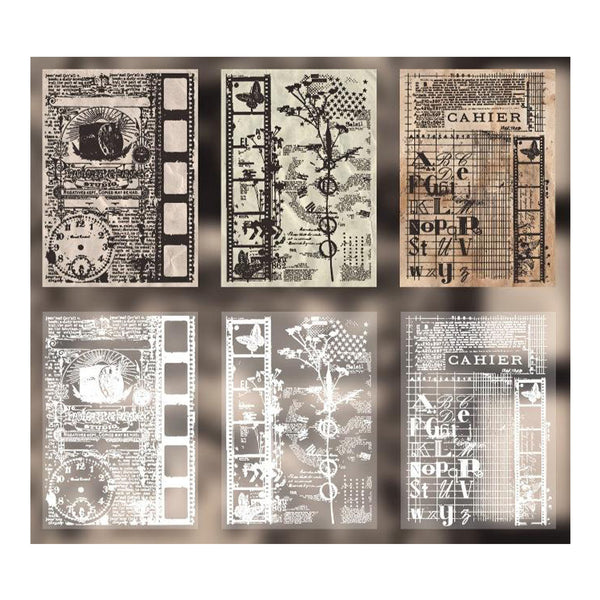 Set of six decorative panels with vintage-style designs on a metallic background