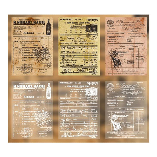 Collection of vintage-style receipts and documents on a wooden background