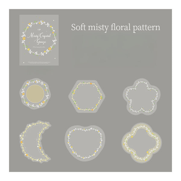 A digital preview sheet showing a soft misty floral pattern set, with the title 'Soft misty floral pattern' and a sample card labeled 'Many Crystal Gauge.' Below, six floral frame designs are displayed on a gray background: a circle, hexagon, clover, crescent moon, heart, and quatrefoil.