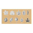 A sheet of ten black and white hand-drawn leaf illustrations arranged in two rows on a tan rectangular background, centered on a white canvas.