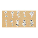 A sheet of ten white die-cut stickers featuring various black and white botanical flower illustrations, displayed on a tan rectangular backing card against a white background.