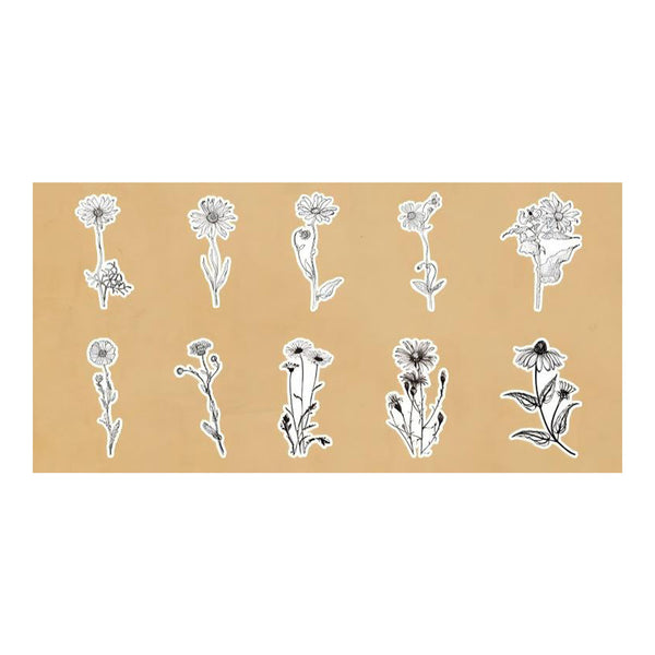 A sheet of ten white die-cut stickers featuring various black and white botanical flower illustrations, displayed on a tan rectangular backing card against a white background.