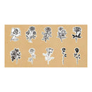 A sheet of temporary tattoos featuring twelve different rose illustrations in black and white line art, arranged in two rows on a tan background.