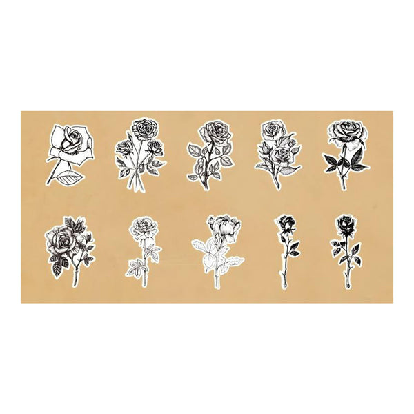 A sheet of temporary tattoos featuring twelve different rose illustrations in black and white line art, arranged in two rows on a tan background.